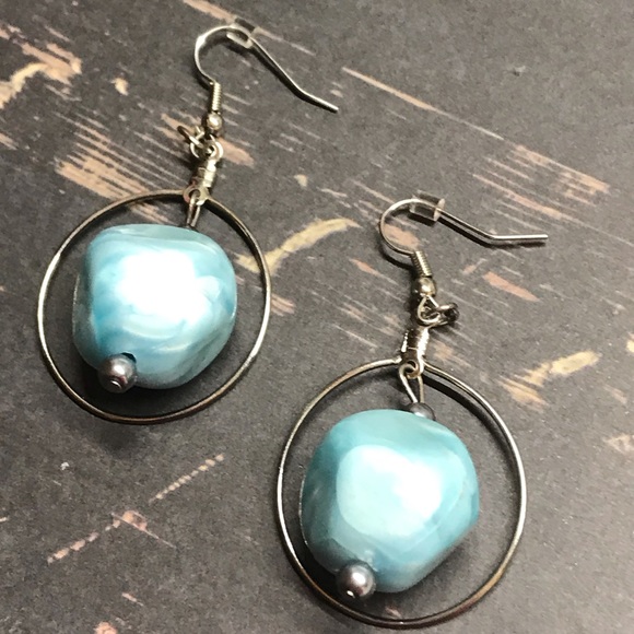 Blue bead hoops dangle earrings MunandMe handmade - Picture 2 of 5